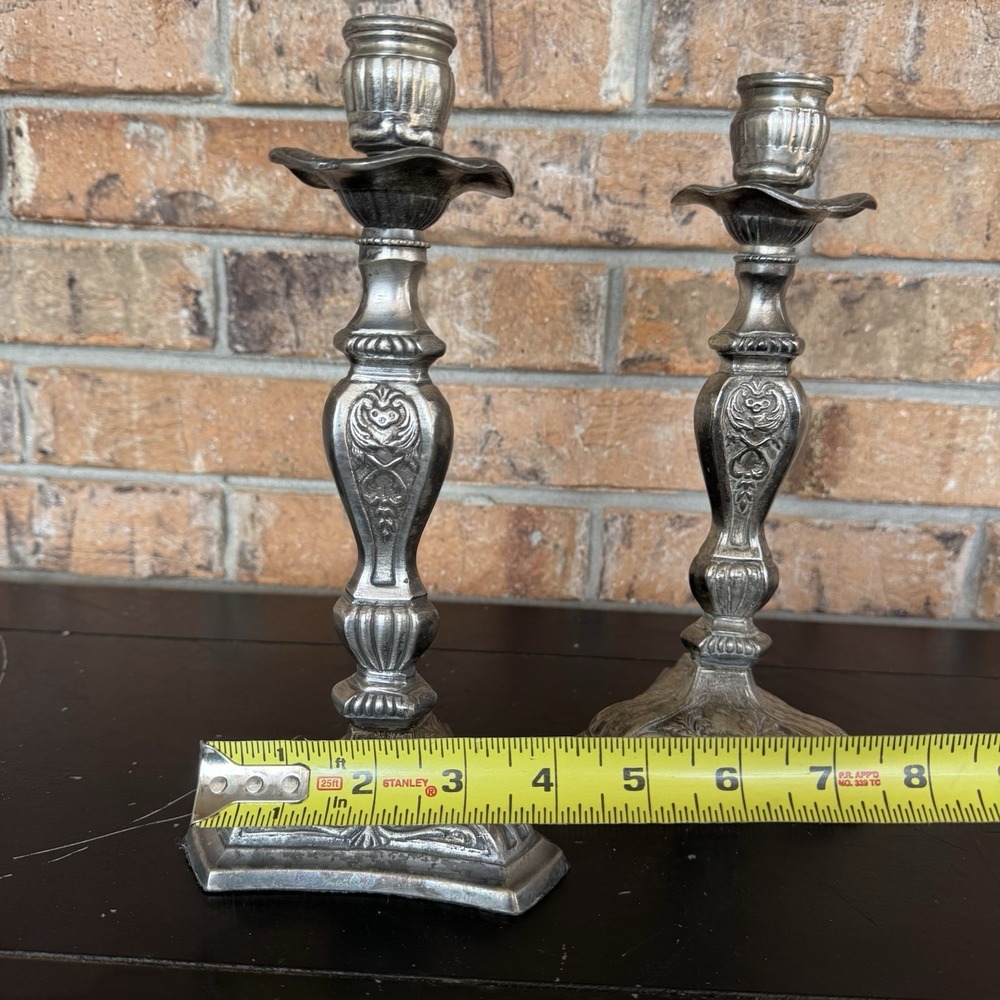 Vintage Ornate Metal Candlestick Holders Pair 9.5" Victorian Style Pewter Finish - Picture 8 of 8
